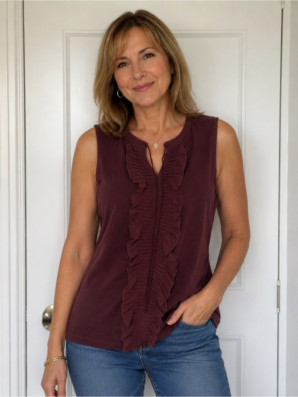 LOFT Sleeveless Ruffle-Front Camisole in Burgundy